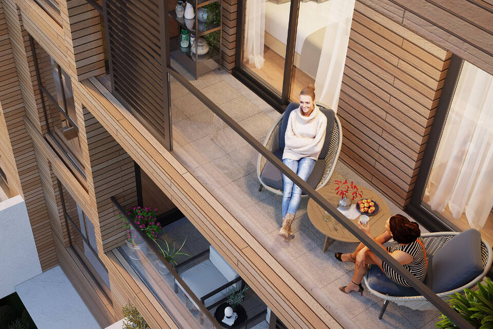 Apartments with balconies, built-in furniture, and kitchen appliances